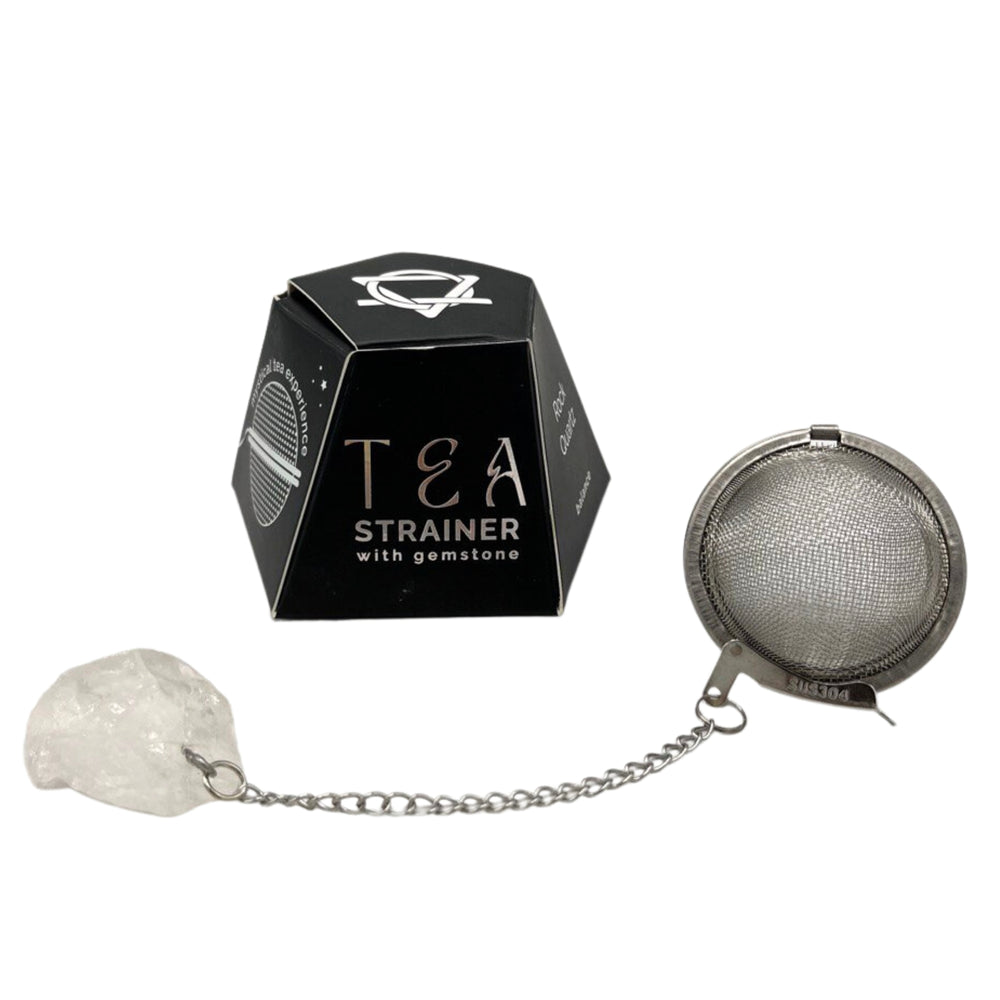 Colador de té con cuarzo de roca crudo, acero inoxidable SUS304, malla con cadena y piedra natural - claridad y energía
