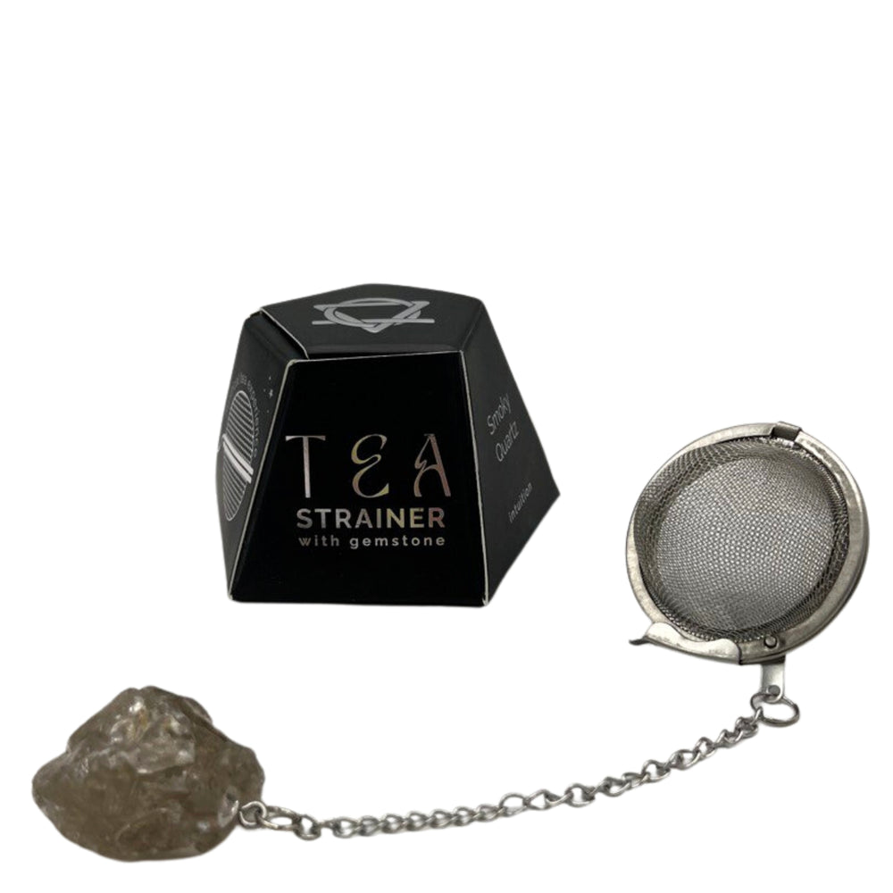 Colador de té con cuarzo ahumado, malla de acero inoxidable SUS304 y piedra natural en cadena – enraizamiento y protección