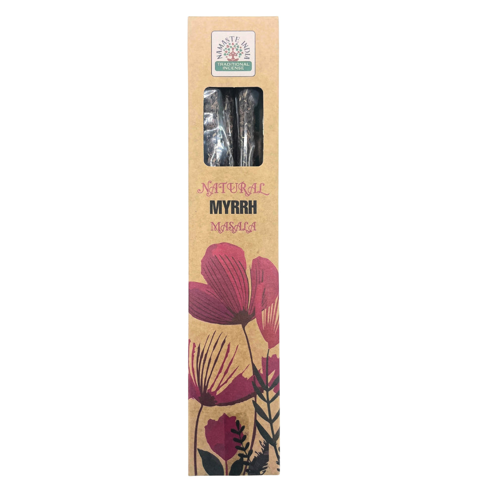 Incienso Masala Mirra en varilla marrón, elaborado con resinas naturales — limpieza energética y protección del hogar
