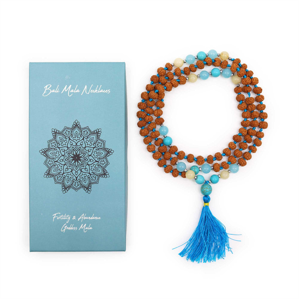 Collar Bali Mala Rudraksha, 49 cm, 108 cuentas azules, Indonesia, diseño inspirado en la Diosa de la Fertilidad - abundancia
