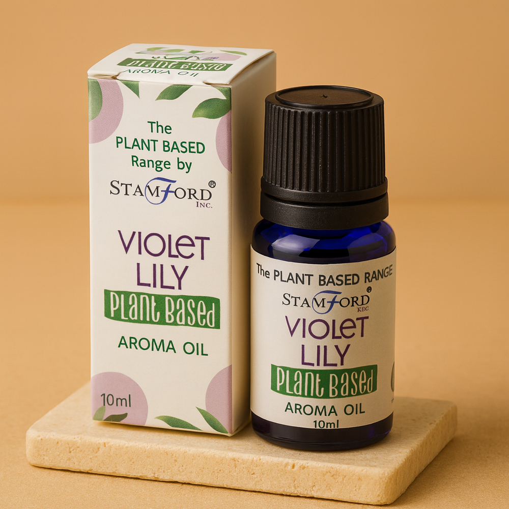 Aceite Esencial Violet Lily: botella de vidrio azul oscuro de 10 ml, con caja, aroma sereno - fomenta calma y equilibrio