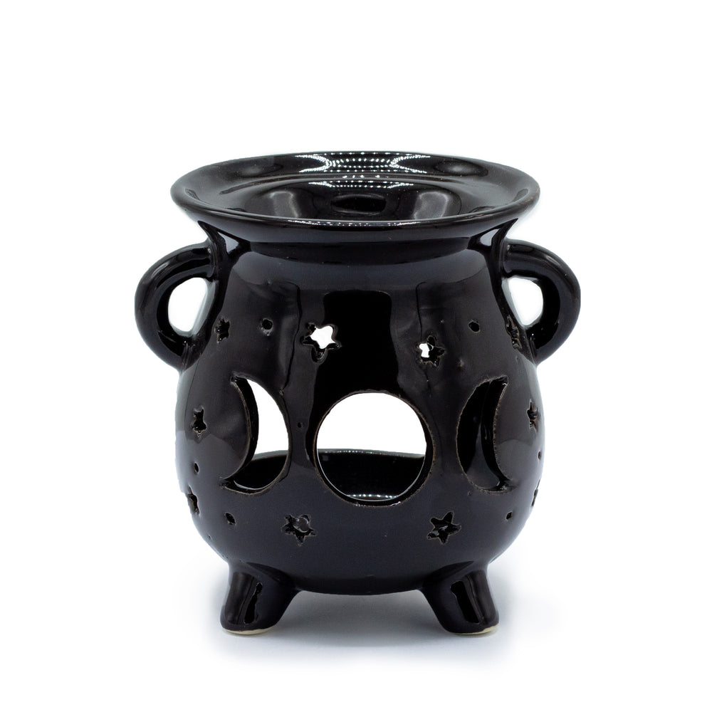 Quemador caldero lunar, cerámica negra con fases lunares, diseño compacto con apertura para vela de té - bienestar
