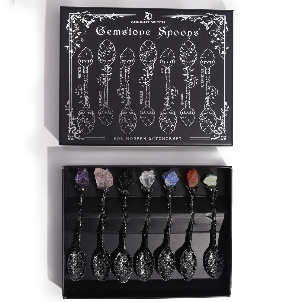 Cucharas de Bruja juego de 7 piezas en cristal de piedra preciosa con plata oscura, mangos rectos - para rituales y bienestar
