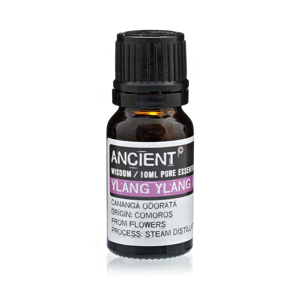 Ylang Ylang aceite esencial, frasco de vidrio transparente 10 ml, aroma floral suave - favorece relajación y bienestar.