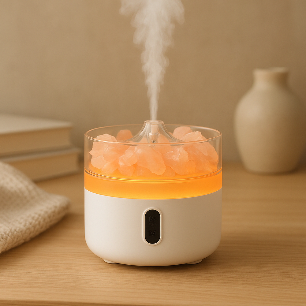 Difusor de Aromas con Sal del Himalaya: de 15 cm, cristales y iluminación LED cálida - ideal para aromaterapia y relajación en uso en la habitacion