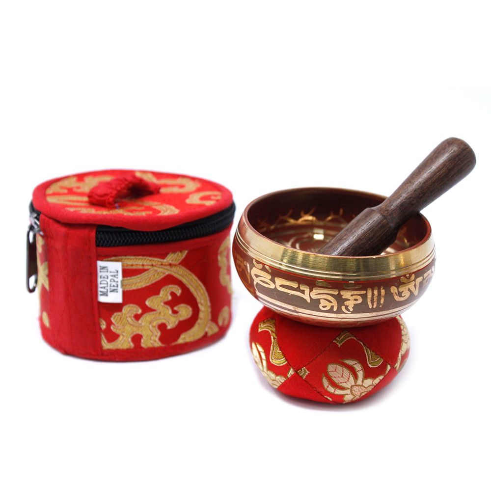 Cuenco tibetano rojo, set regalo mini, para uso en hogar y meditación - favorece armonía y bienestar.