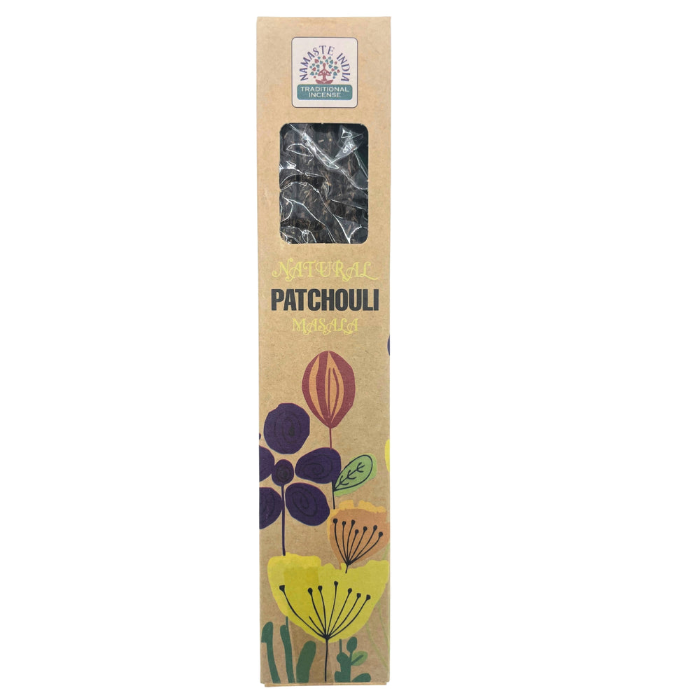 Incienso Pachulí Masala - varillas naturales, color marfil, en caja ecológica, aroma terroso y duradero-Relajación y armonía