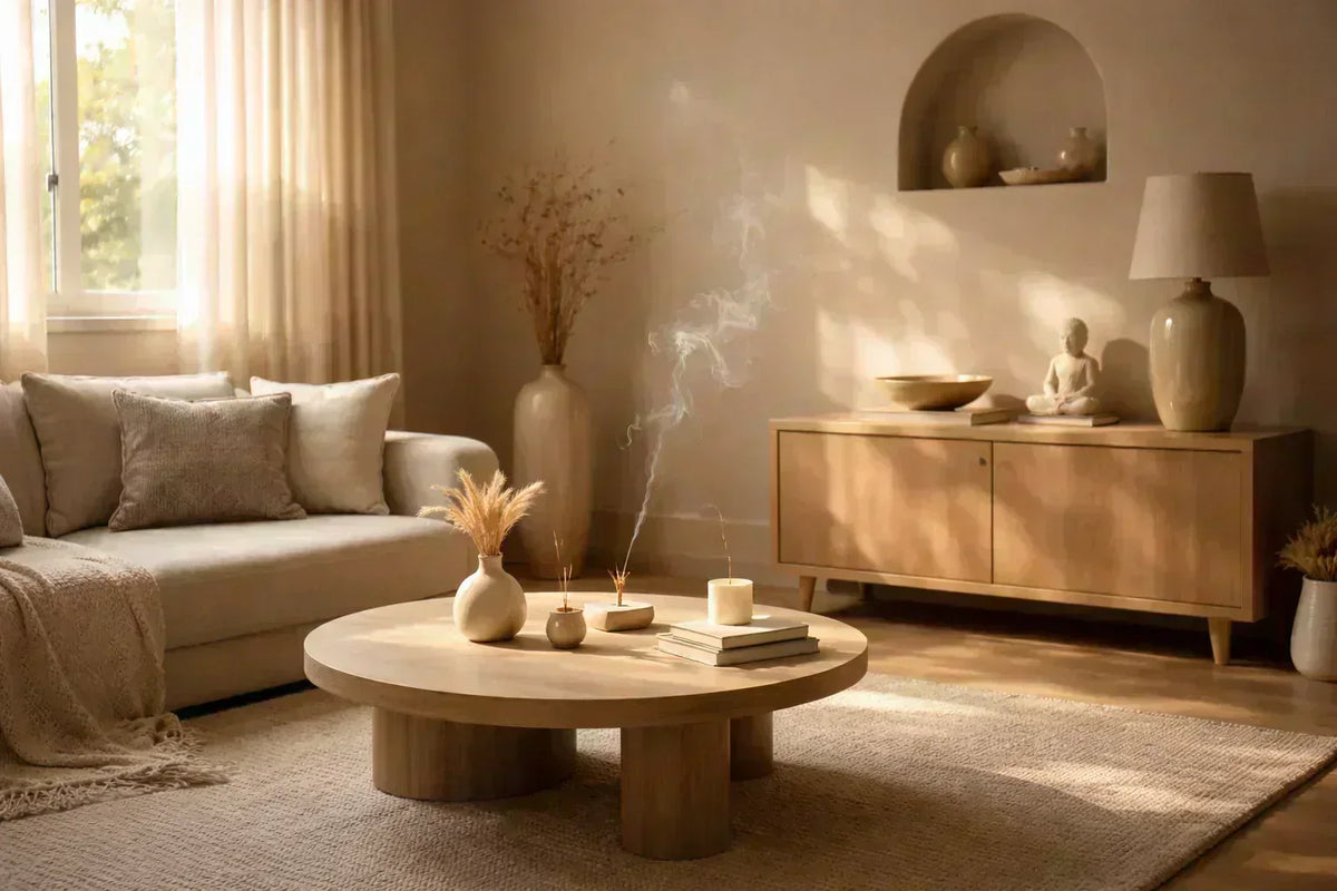 Espacio armonioso con incienso y luz suave asociado al equilibrio y limpieza energética del hogar