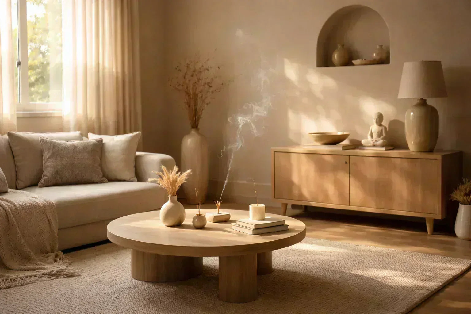 Espacio armonioso con incienso y luz suave asociado al equilibrio y limpieza energética del hogar