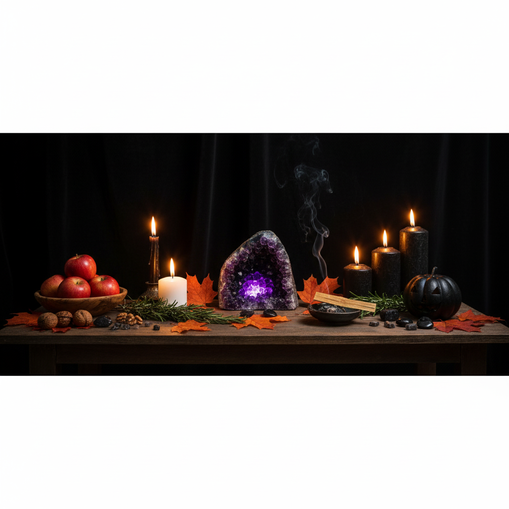 Altar de Samhain con velas y amatista (rituales de Halloween)