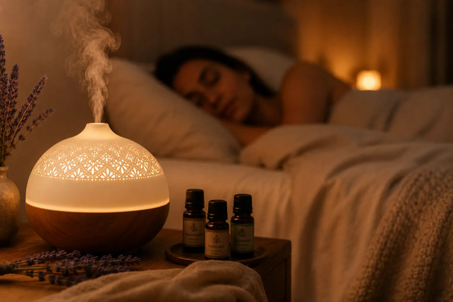 Difusor con aceites esenciales en un dormitorio cálido para una rutina de aromaterapia relajante antes de dormir