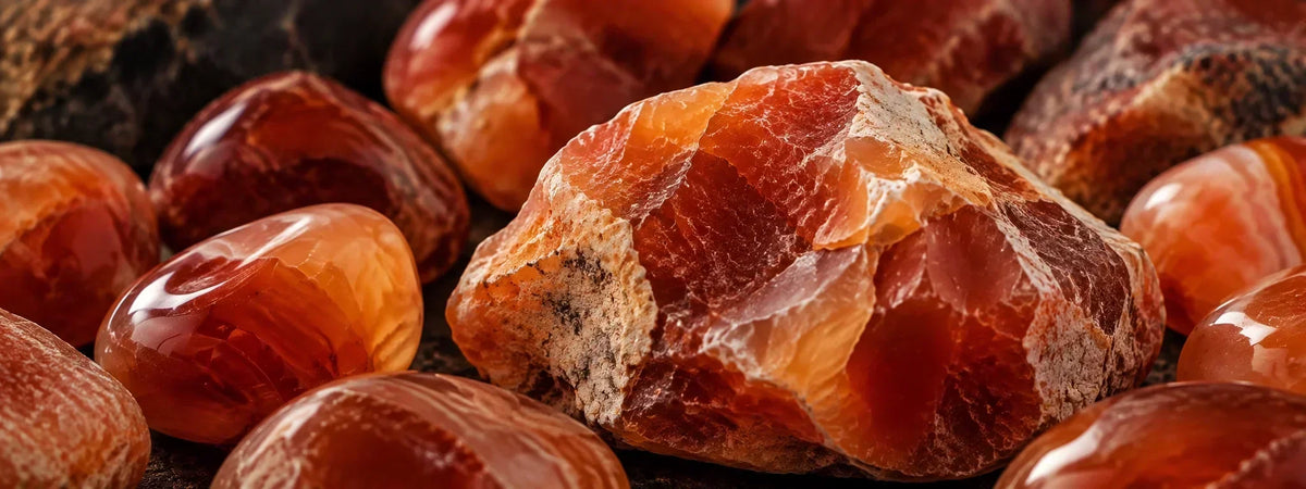 Cornalina natural en bruto y pulida en tonos naranjas y rojizos
