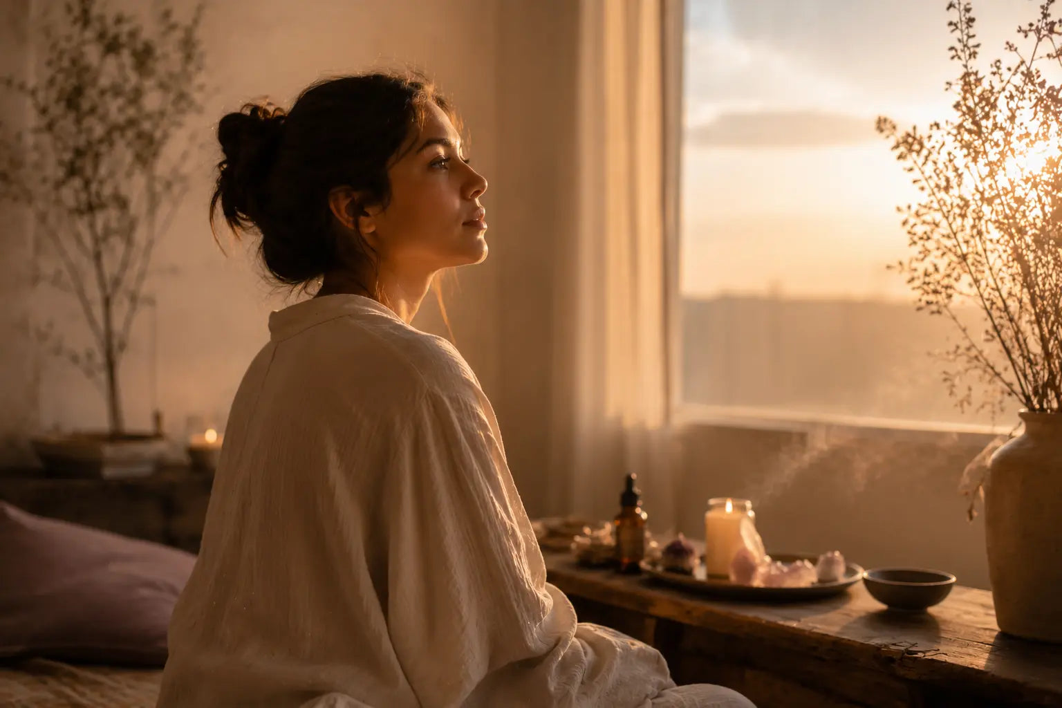 “Persona en calma introspectiva con luz cálida y ambiente de bienestar emocional y equilibrio interior”