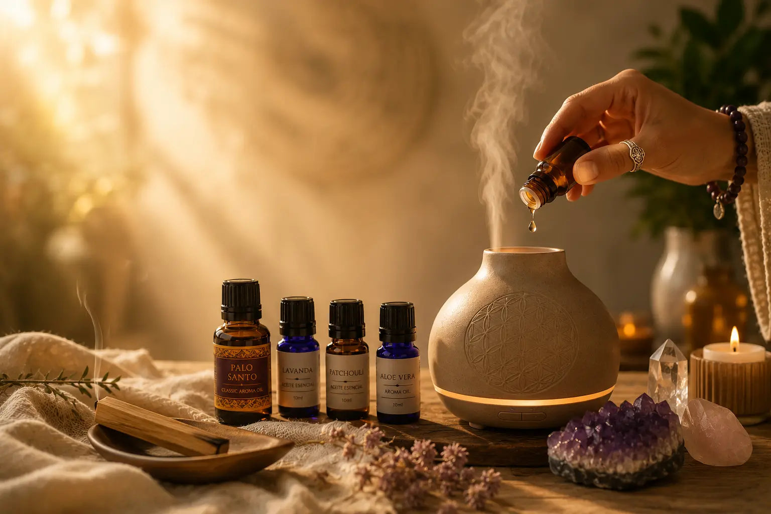 Ritual de aromaterapia energética con aceites esenciales, difusor y cristales en un ambiente cálido