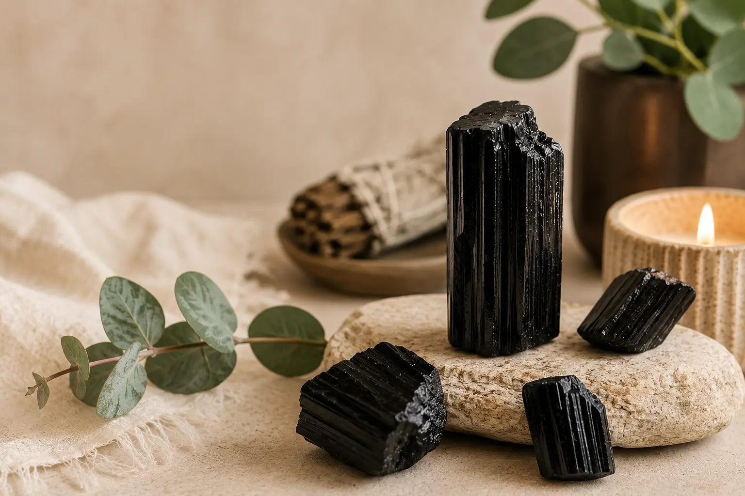 Turmalina negra natural para protección energética y limpieza espiritual en un espacio cálido y equilibrado