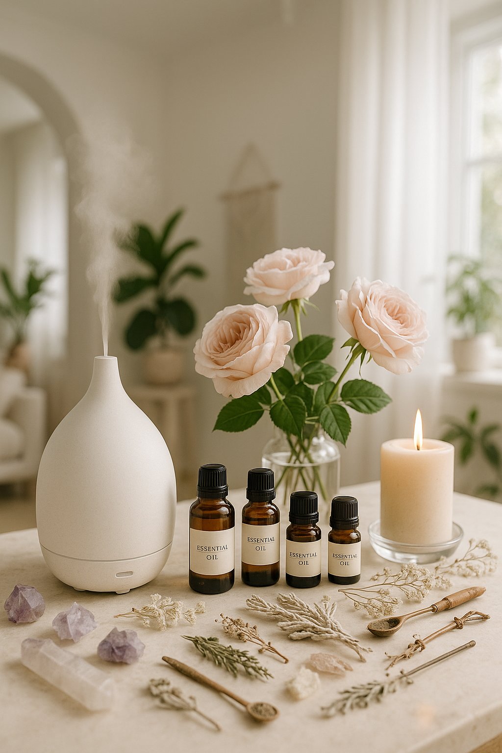Aromaterapia con aceites esenciales, velas con cristales y difusores para relajar la mente y armonizar la energía