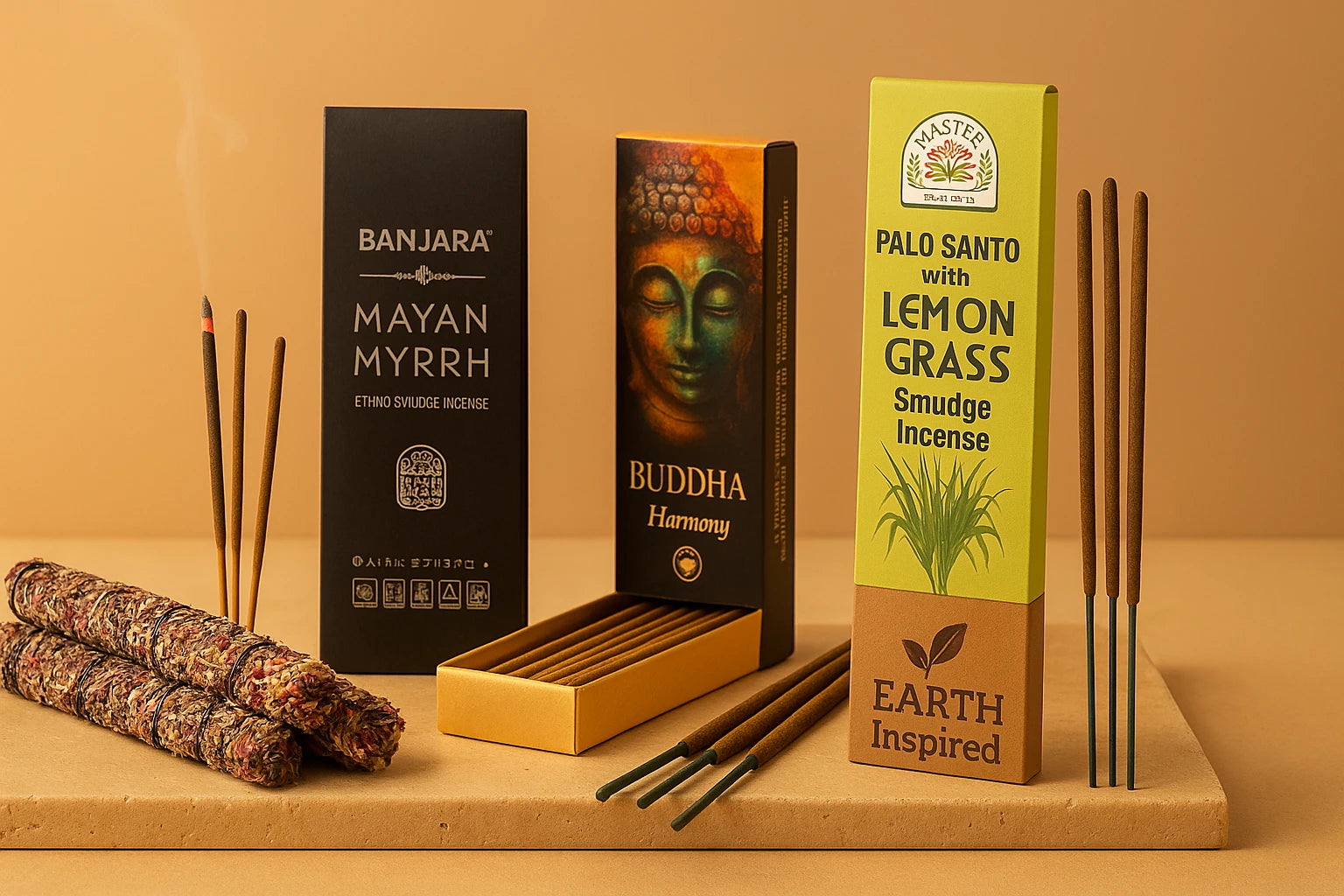 Portada de colección incienso naturales con varillas encendidas, sticks de hierbas y cajas Banjara Mayan Myrrh, Buddha Harmony y Palo Santo con Lemongrass sobre travertino y luz cálida.