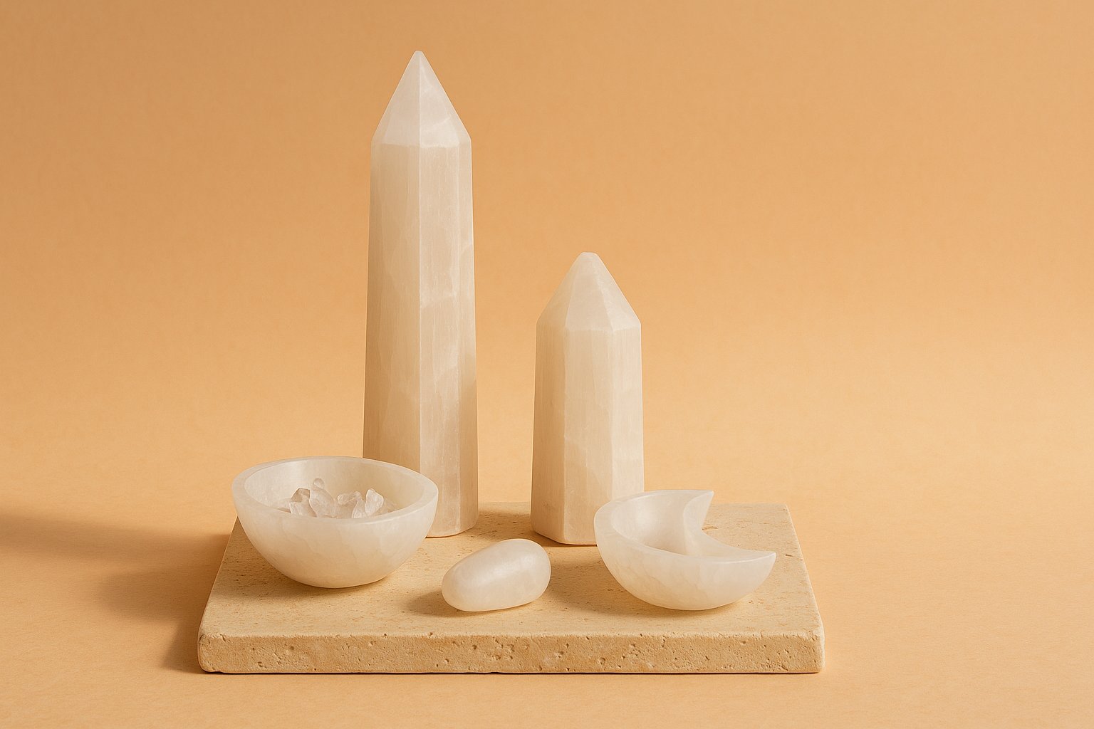 Portada de colección de selenita con punta alta y baja y cuencos en forma de luna sobre travertino beige, fondo degradado melocotón con luz de amanecer.