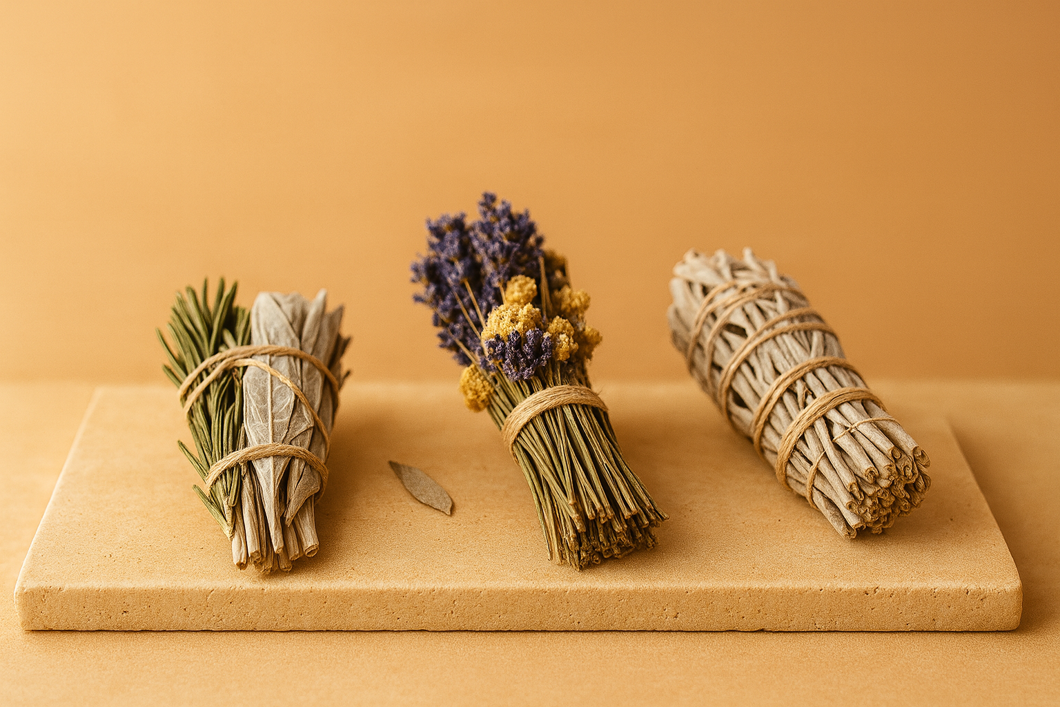 Portada de colección incienso naturales con atados de hierbas (salvia, lavanda y romero) sobre travertino beige, fondo melocotón y luz de amanecer.