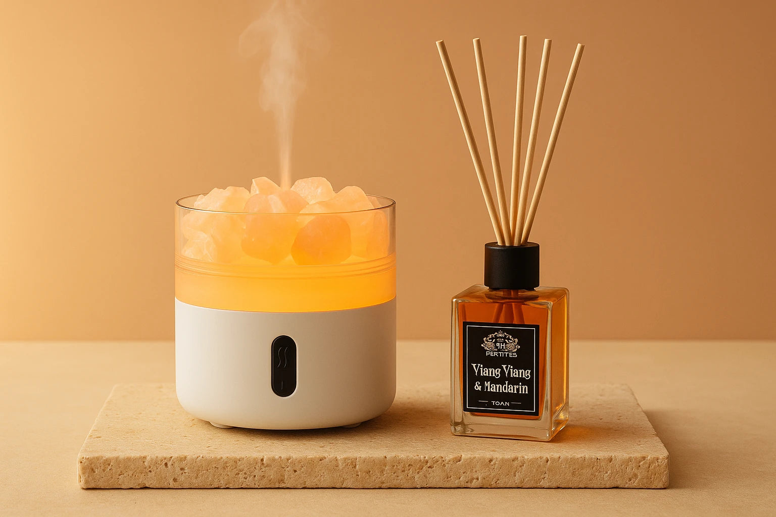 Portada de colección difusores de aromas con difusor ultrasónico con cuarzo rosa y difusor mikado de ylang ylang y mandarina sobre travertino beige, luz de amanecer y fondo melocotón.