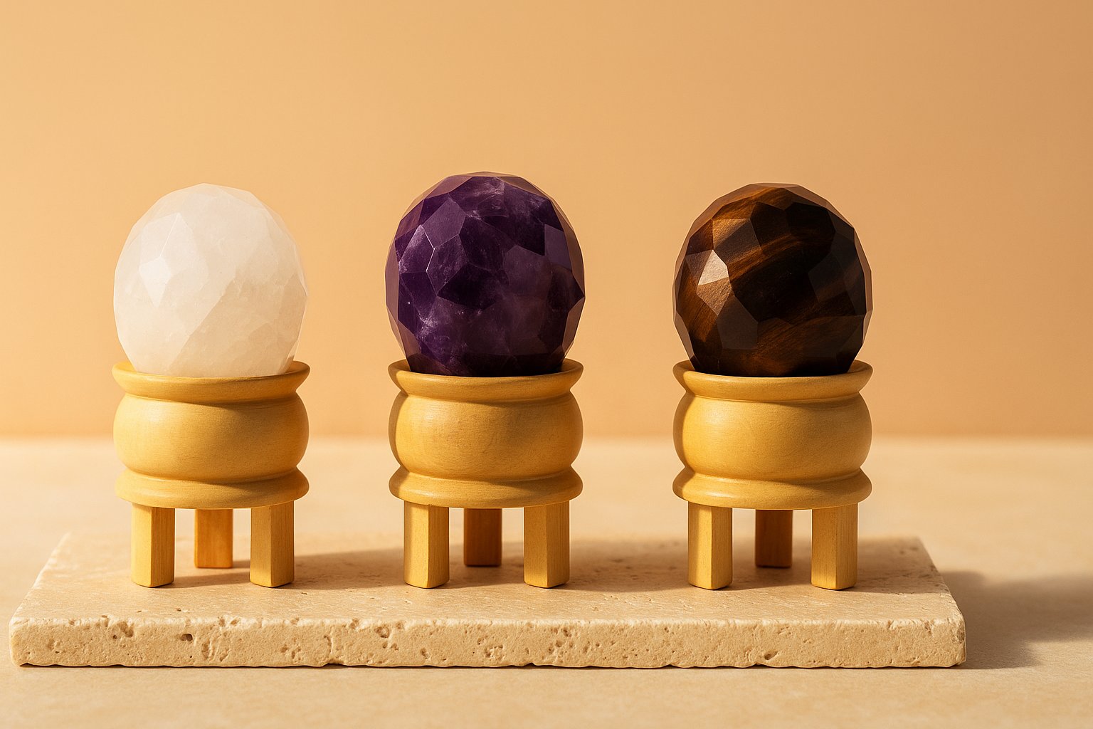 Portada de colección bolas curativas con esferas facetadas de cuarzo blanco, amatista y ojo de tigre sobre soportes de madera en travertino, fondo melocotón y luz suave.