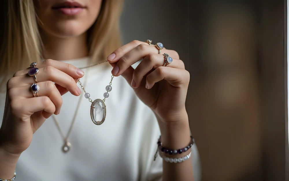 Mujer con Joyas con cristales naturales como pulseras, collares y amuletos para llevar contigo energía, protección y equilibrio