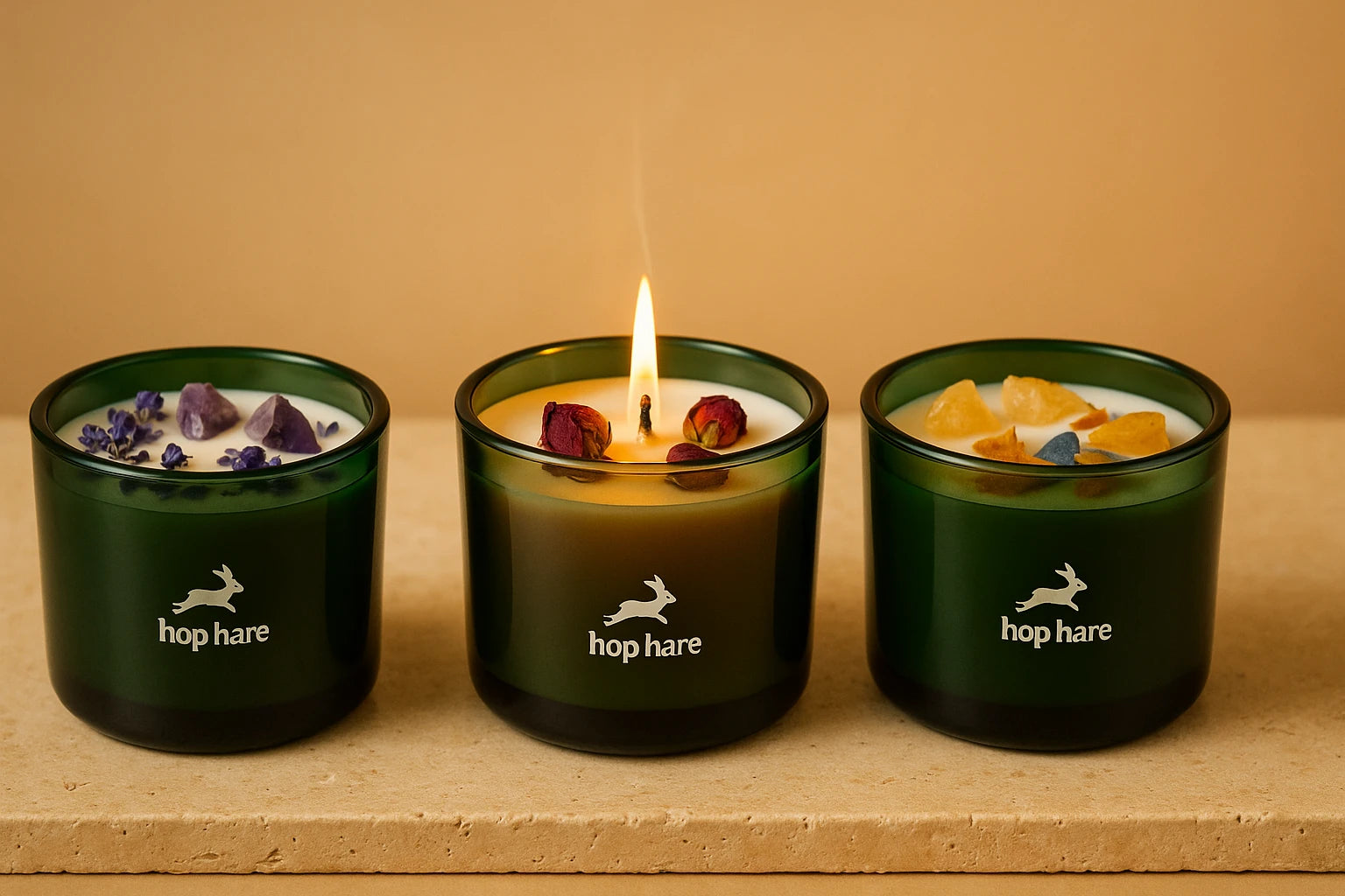 Portada de colección velas aromáticas con cristales: tres velas en vaso verde (una encendida) con amatista, cuarzo rosa y citrino sobre travertino beige y fondo melocotón.