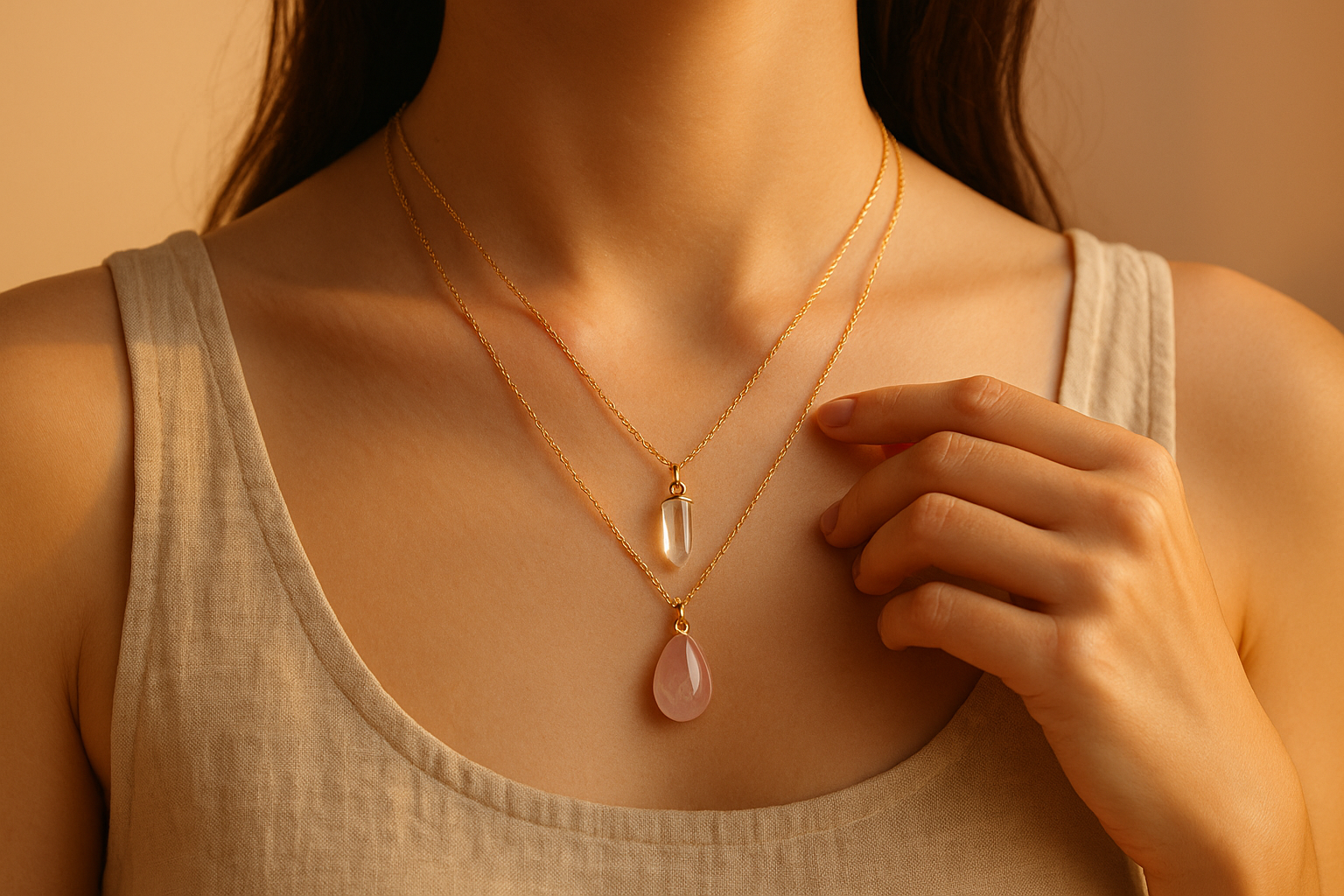 Portada de colección collares con cristales: tres collares dorados con colgantes de cuarzo (transparente y rosa) sobre cuello femenino, luz de amanecer y fondo beige melocotón.