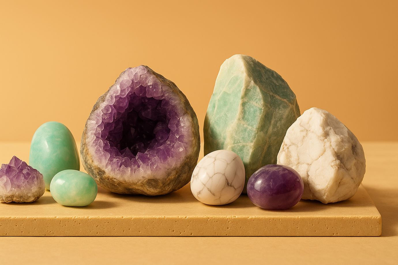 Colección “cristales para ansiedad y calma”: amatista, amazonita y howlita blanca en drusas, geodas y pulidas sobre base de travertino, fondo beige-melocotón.