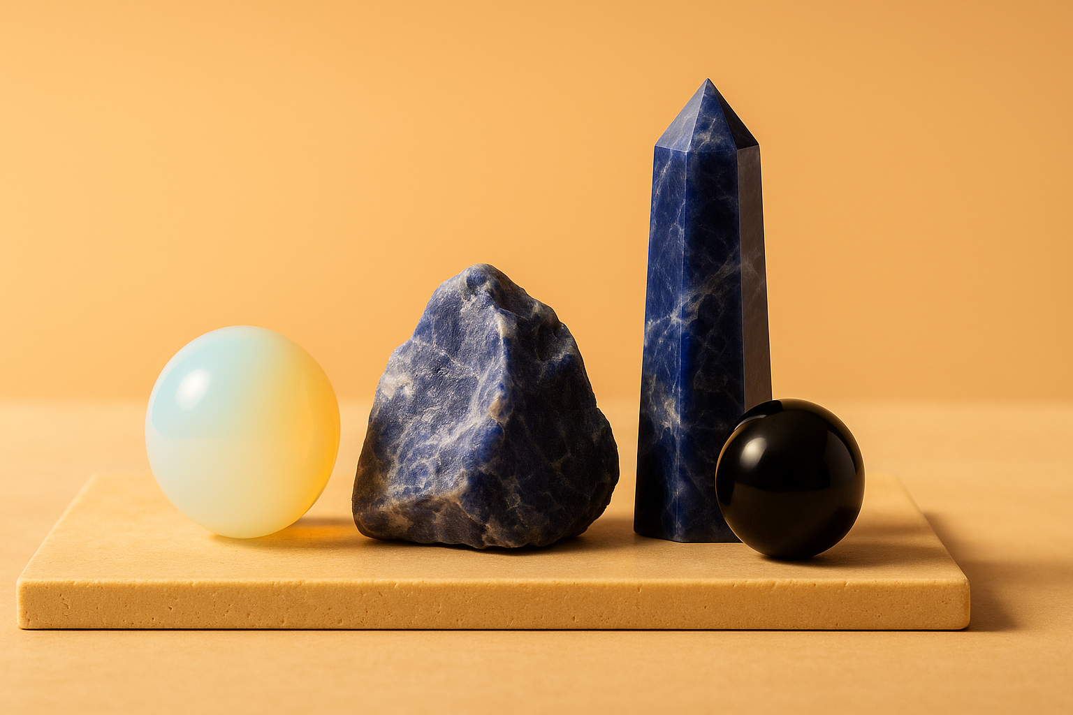 Opalita, sodalita y ónix negro pulidos sobre base de travertino con luz cálida de amanecer, composición centrada — colección “Cristales para cambios y nuevos ciclos”