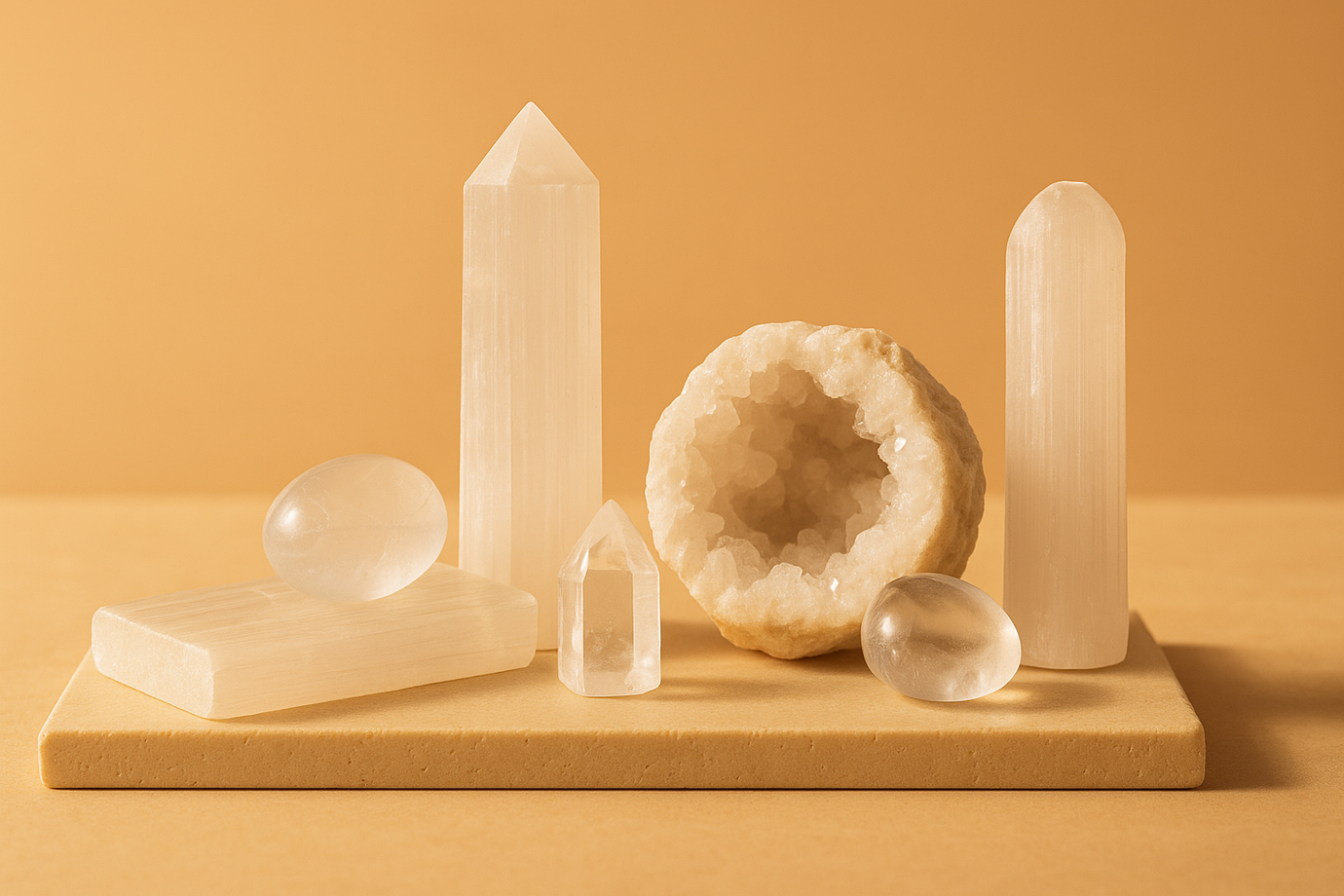 Selenita y cuarzo transparente sobre base de travertino con luz de amanecer, colección Cristales para limpieza y claridad mental.