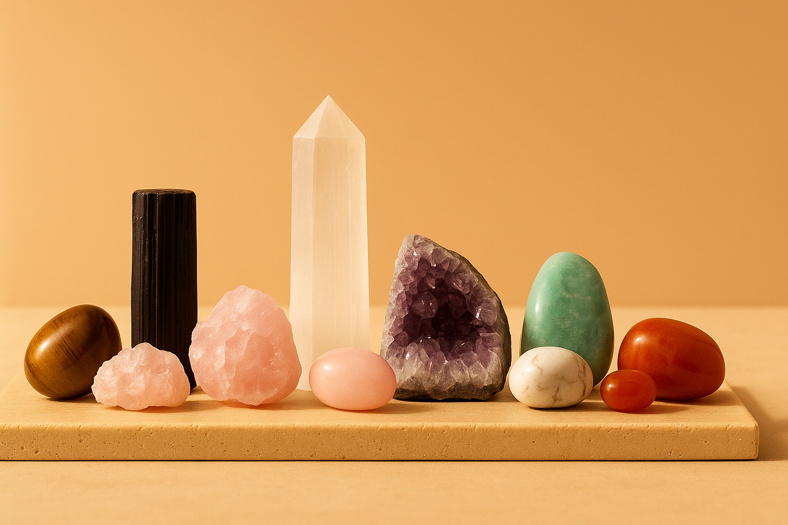 Cristales por intención: conjuntos de cuarzo rosa, amatista, selenita, cuarzo transparente, pirita, citrino, ónix, cornalina y jaspe rojo sobre base de travertino con luz cálida.