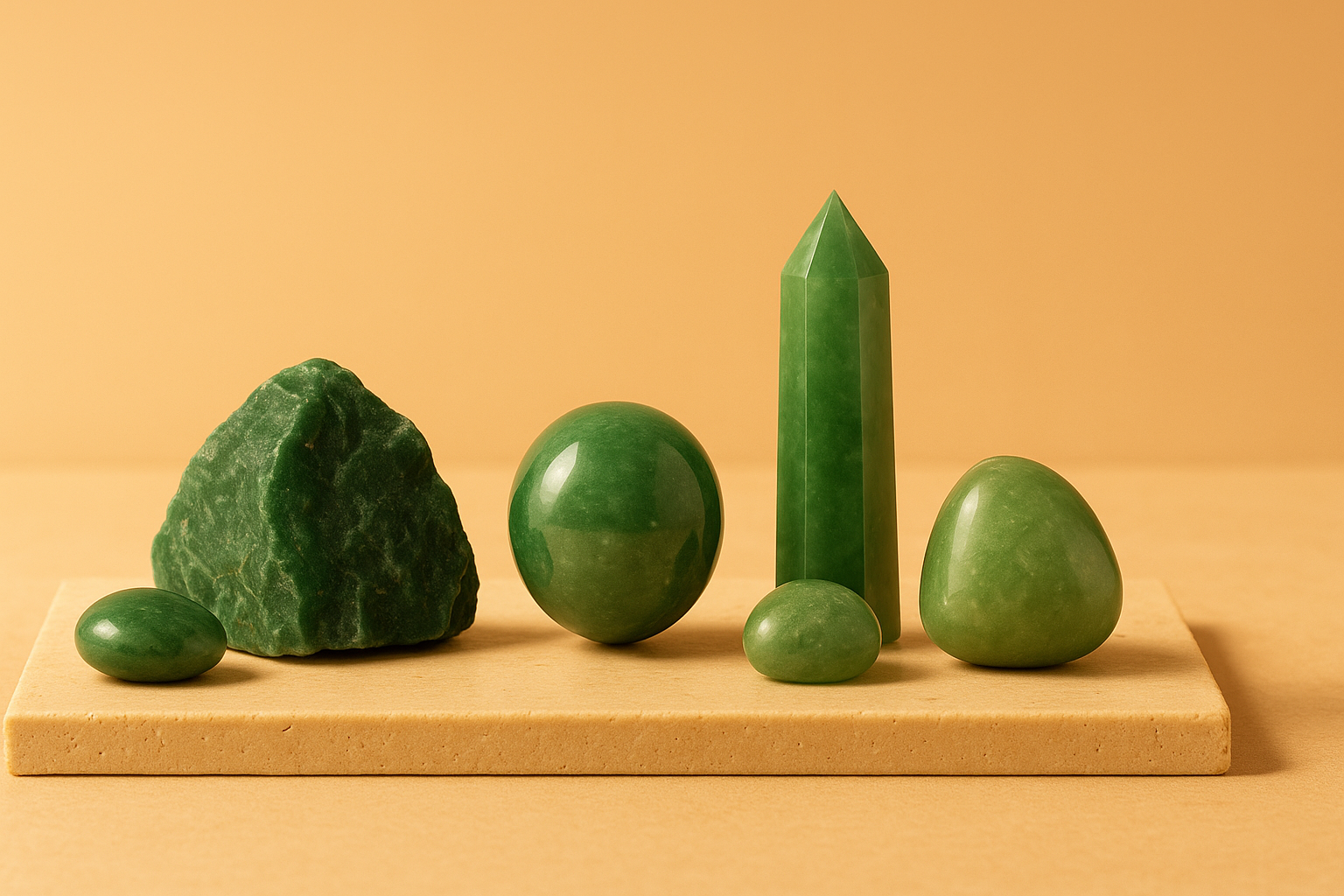 Colección cristales para salud y sanación: jaspe verde, aventurina verde y jade sobre base de travertino con luz cálida de amanecer.