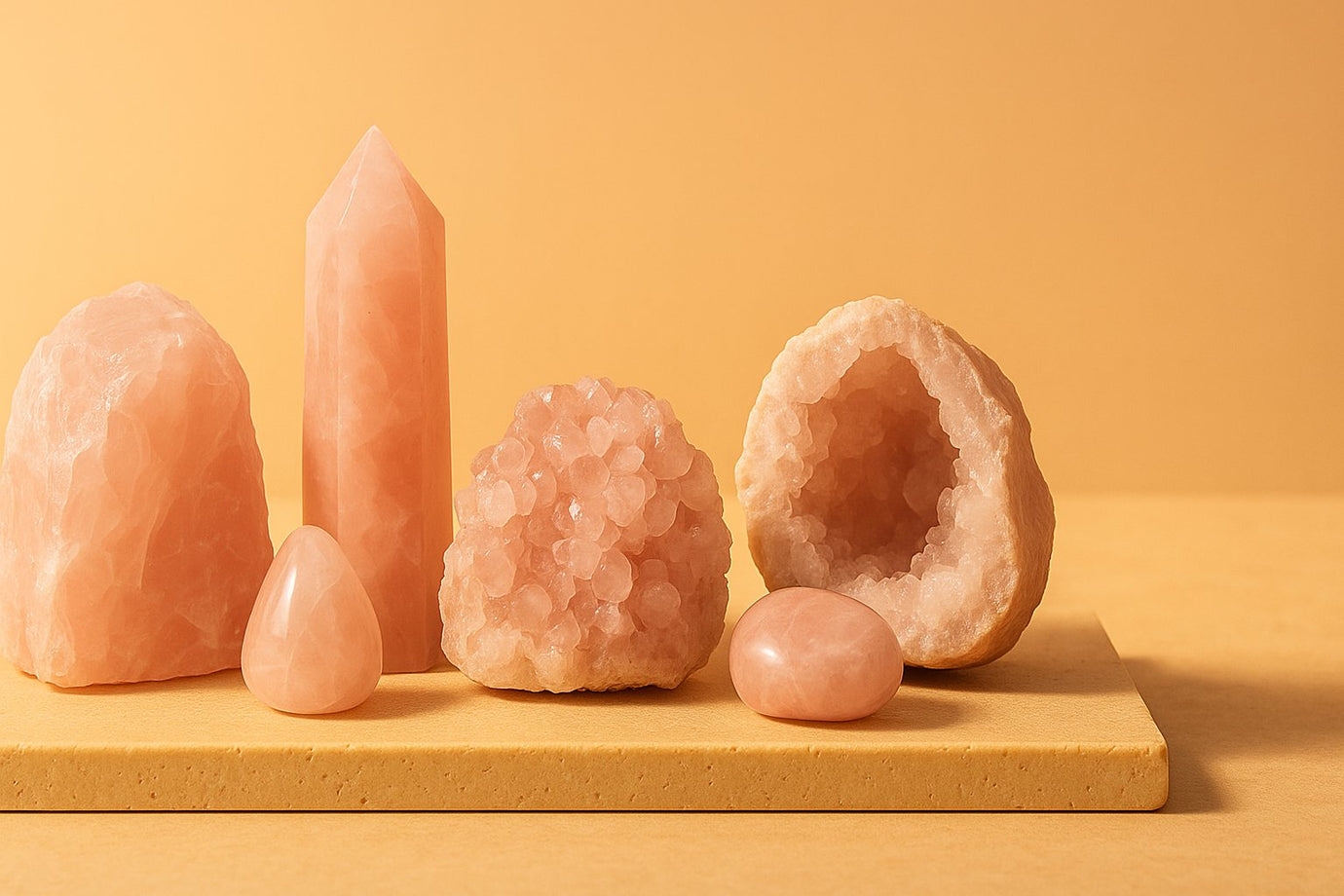 Una vista aérea de una colección de cristales para el amor propio y la aceptación, incluyendo cuarzo rosa, rodonita, turmalina roja, granate y rubí, sobre un fondo suavemente desenfocado en tonos pastel.