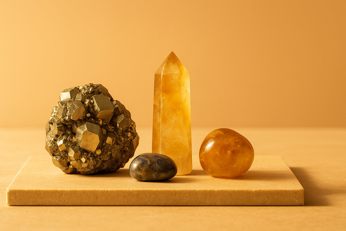 Cristales para abundancia y prosperidad: pirita, citrino y topacio sobre base de travertino, con luz cálida de amanecer y estilo elegante y limpio