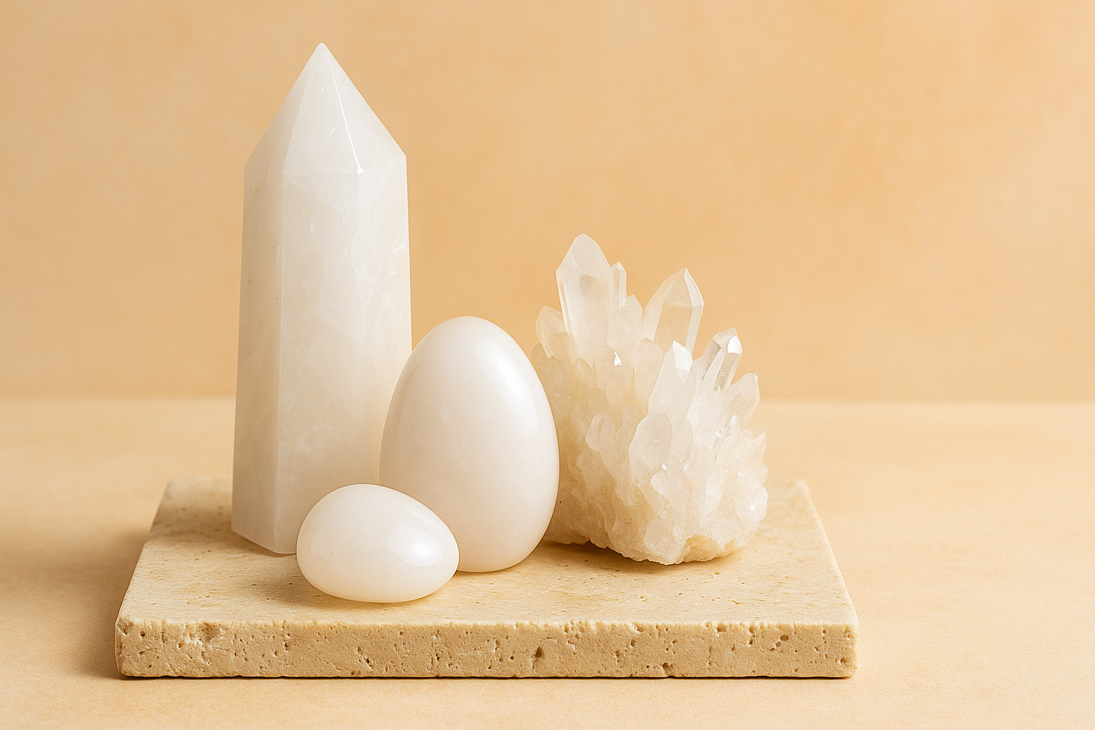 Portada de colección de cuarzo blanco con tres piezas pulidas y una drusa sobre travertino beige, fondo degradado melocotón y luz suave de estudio.