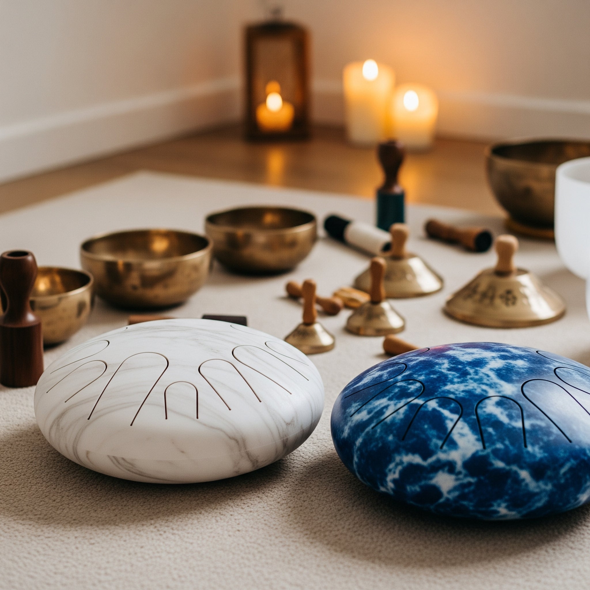 Cuencos tibetanos, hapidrums, y campanas en ambiente meditativo para sanación sonora y limpieza energética