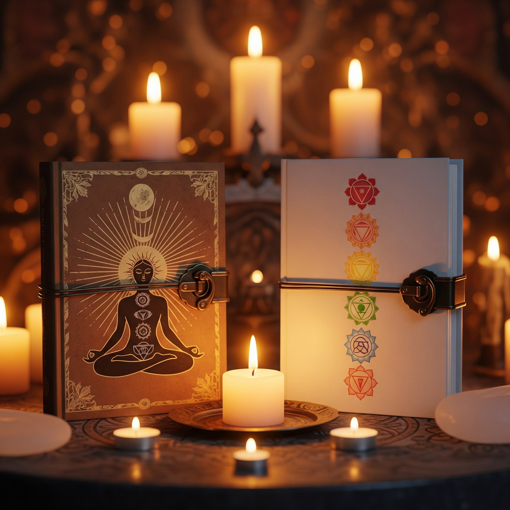 Imagen 4K de libros de magia y rituales en un altar iluminado por velas, para guías de luna llena, magia blanca