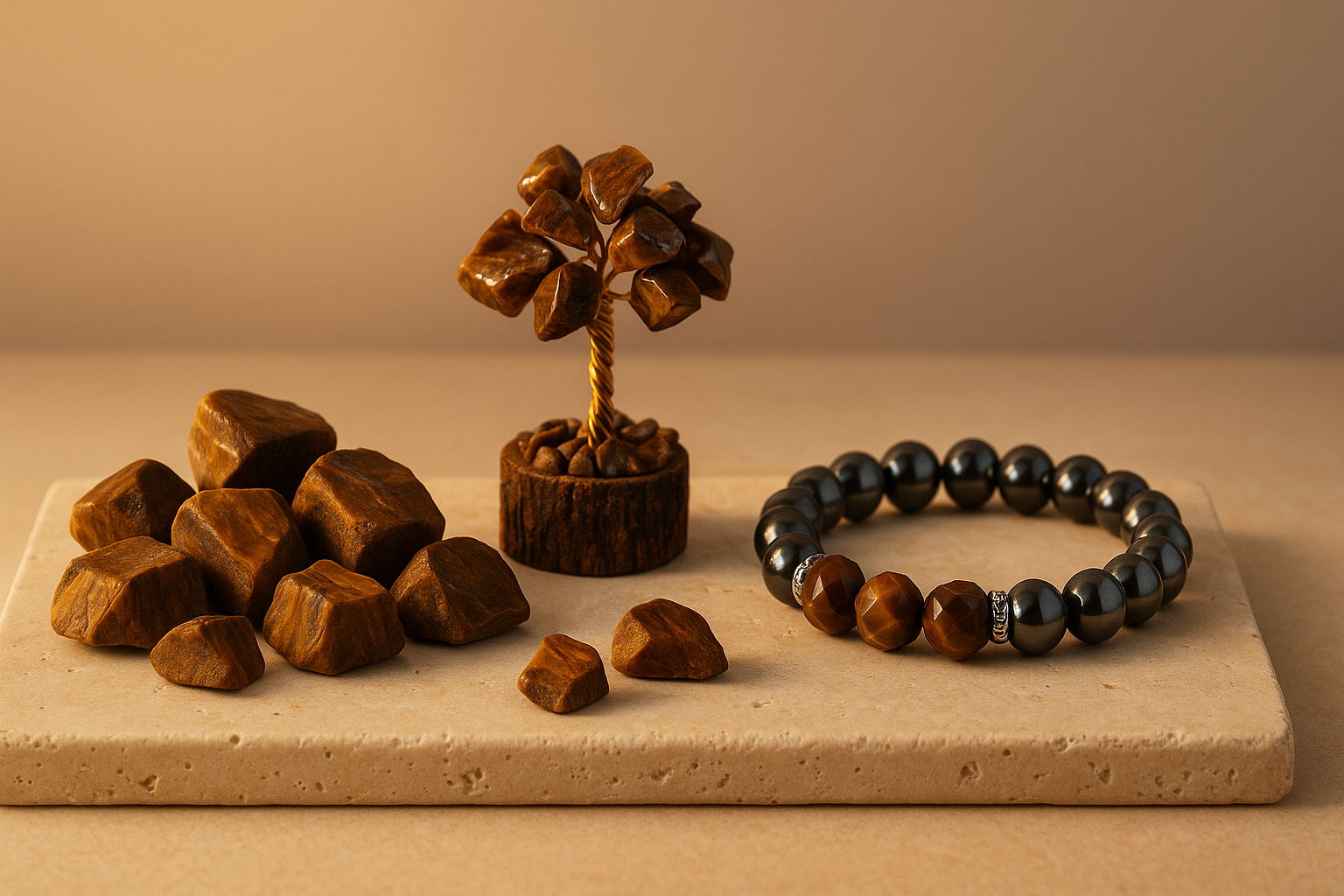 Portada de colección ojo de tigre con piedras en bruto, árbol bonsái de chips y pulsera de hematita con cuentas facetadas sobre travertino y fondo melocotón.