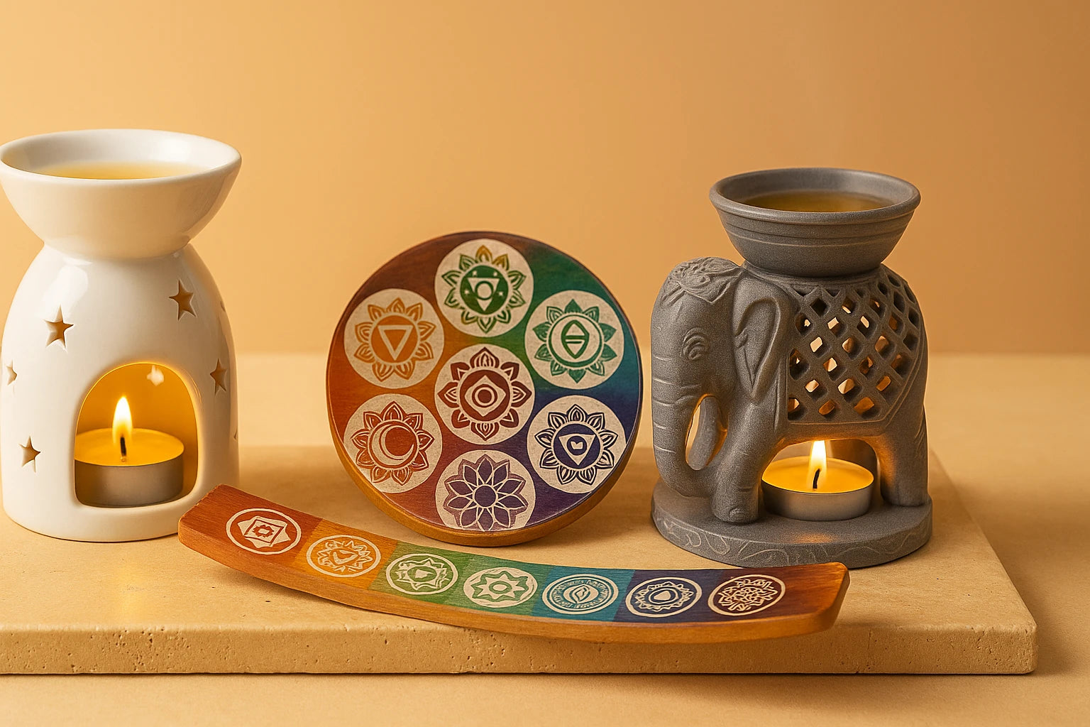 Portada de colección quemadores e incensarios con quemador de aceite cerámico blanco, quemador elefante de piedra, porta-incienso chakra curvo y plato chakra sobre travertino con luz cálida.