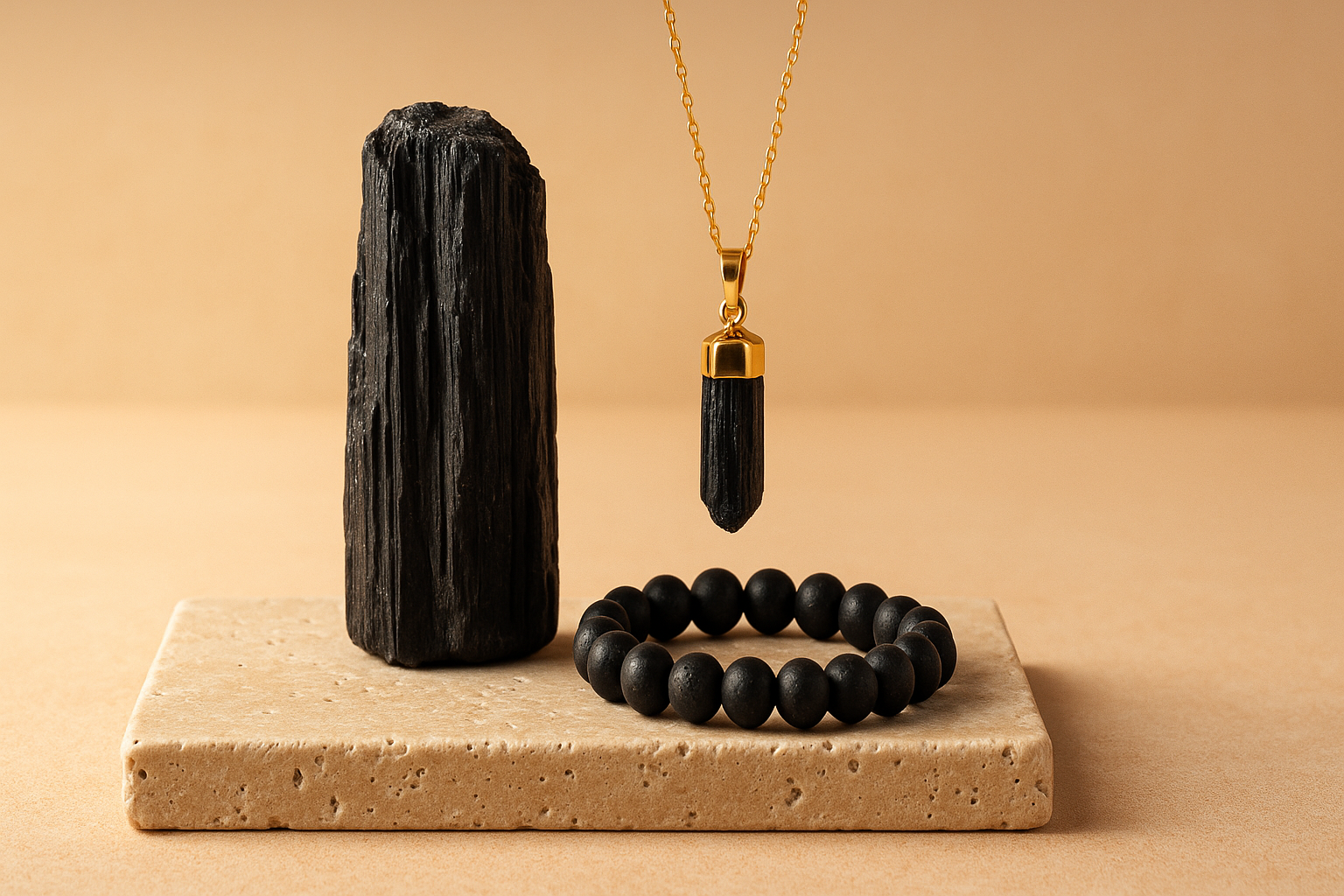 Portada de colección de turmalina negra con pieza en bruto, colgante dorado y pulsera de cuentas sobre travertino beige, fondo melocotón y luz suave de amanecer.