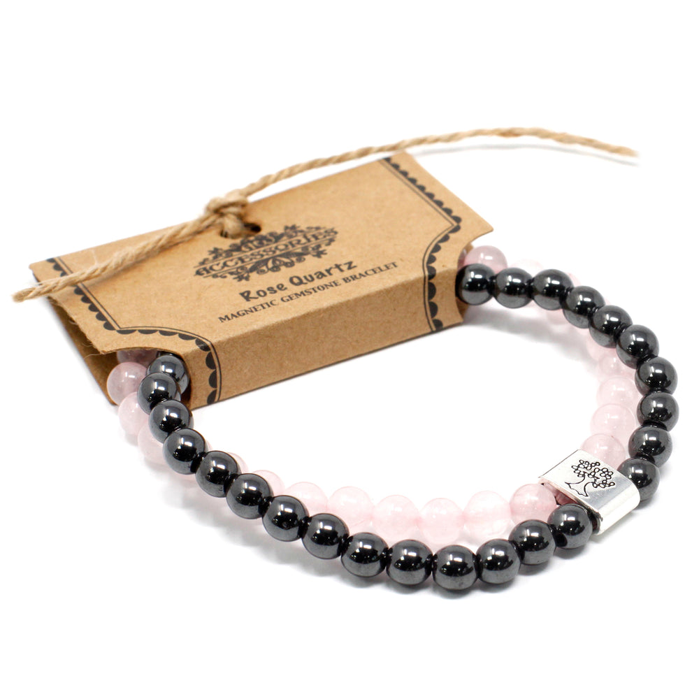 Pulsera magnética de cuarzo rosa: cuentas naturales, elástica y con imanes discretos; de amor propio - eleva autoestima