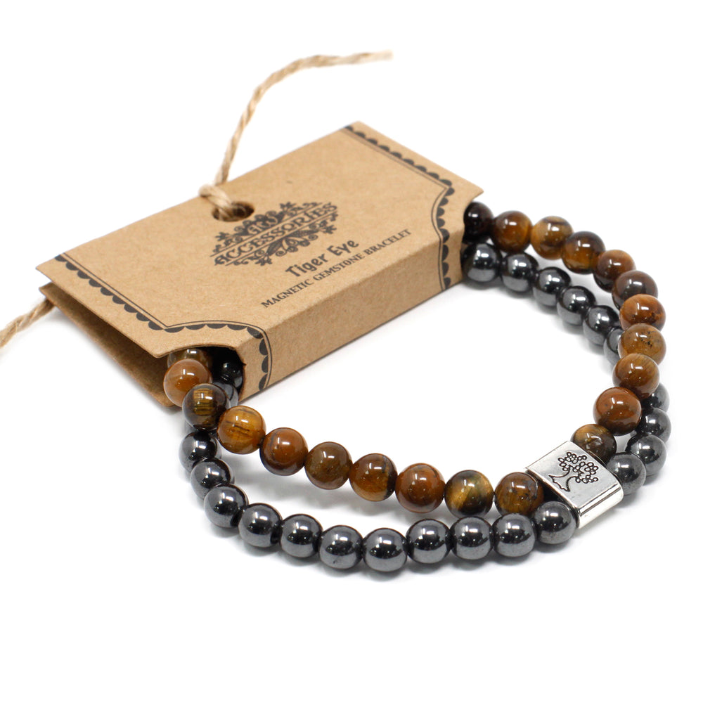 Pulsera Magnética Ojo de Tigre con cuentas, diseño elástico, tonos marrón dorado y magnetos discretos - fuerza y confianza