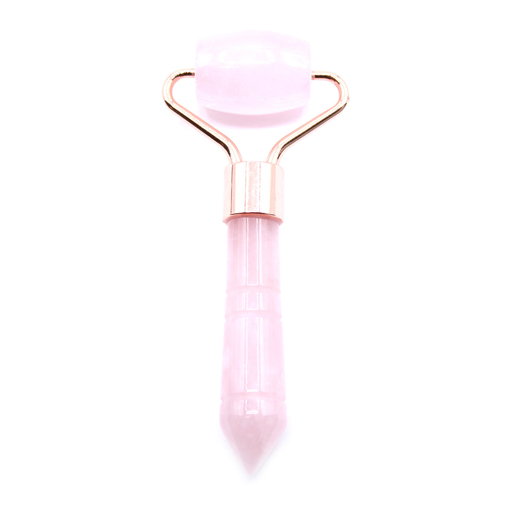 Rodillo facial de cuarzo rosa mini, compacto, con dos cabezas, ideal para autocuidado - amor propio