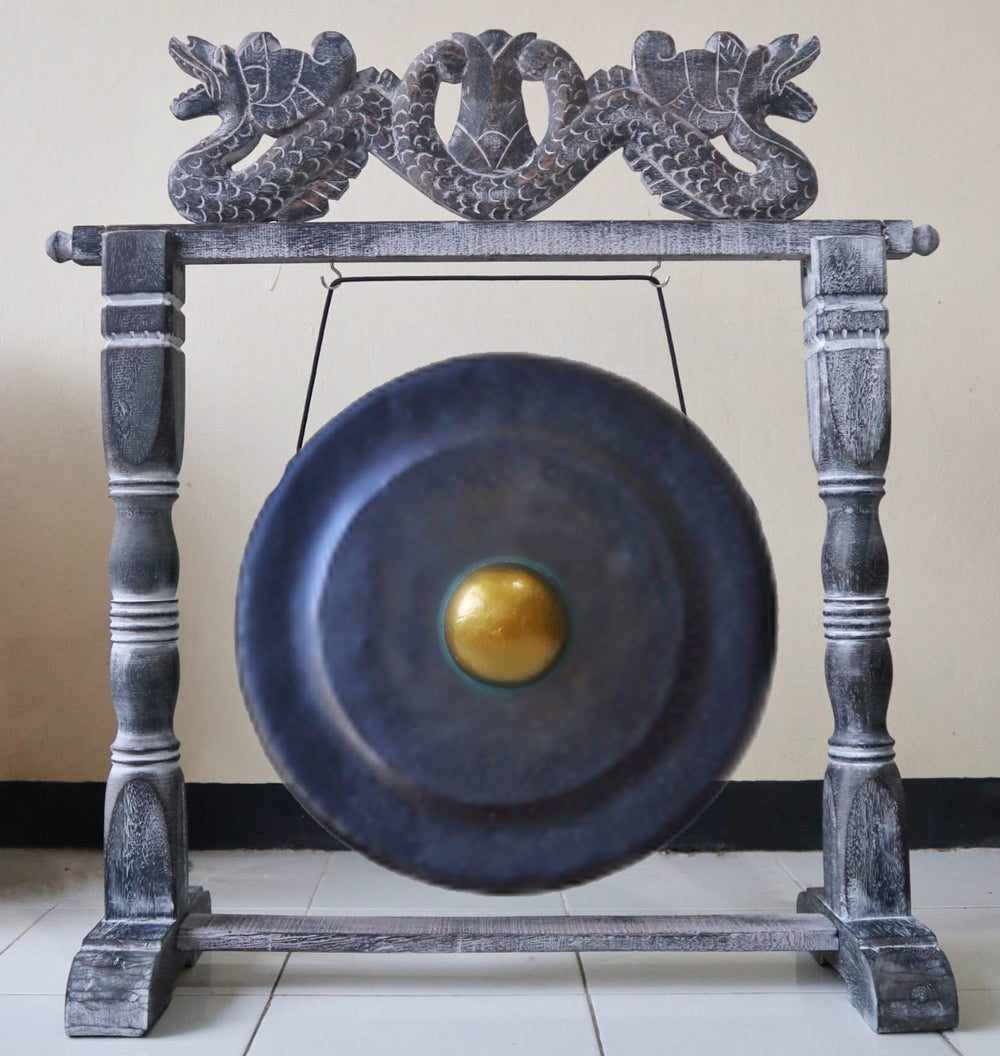 Gong de Meditación mediano de metal con soporte de madera, diámetro 35 cm, color negro - facilita relajación y armonía.