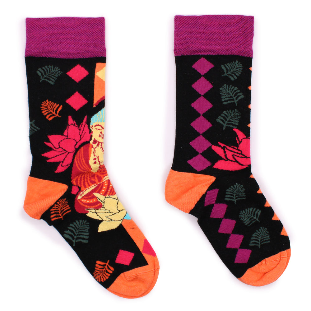 Calcetines de bambú Hop Hare (S/M): Buda rosa y loto en rosa y verde, bambú orgánico, transpirables - equilibrio y calma