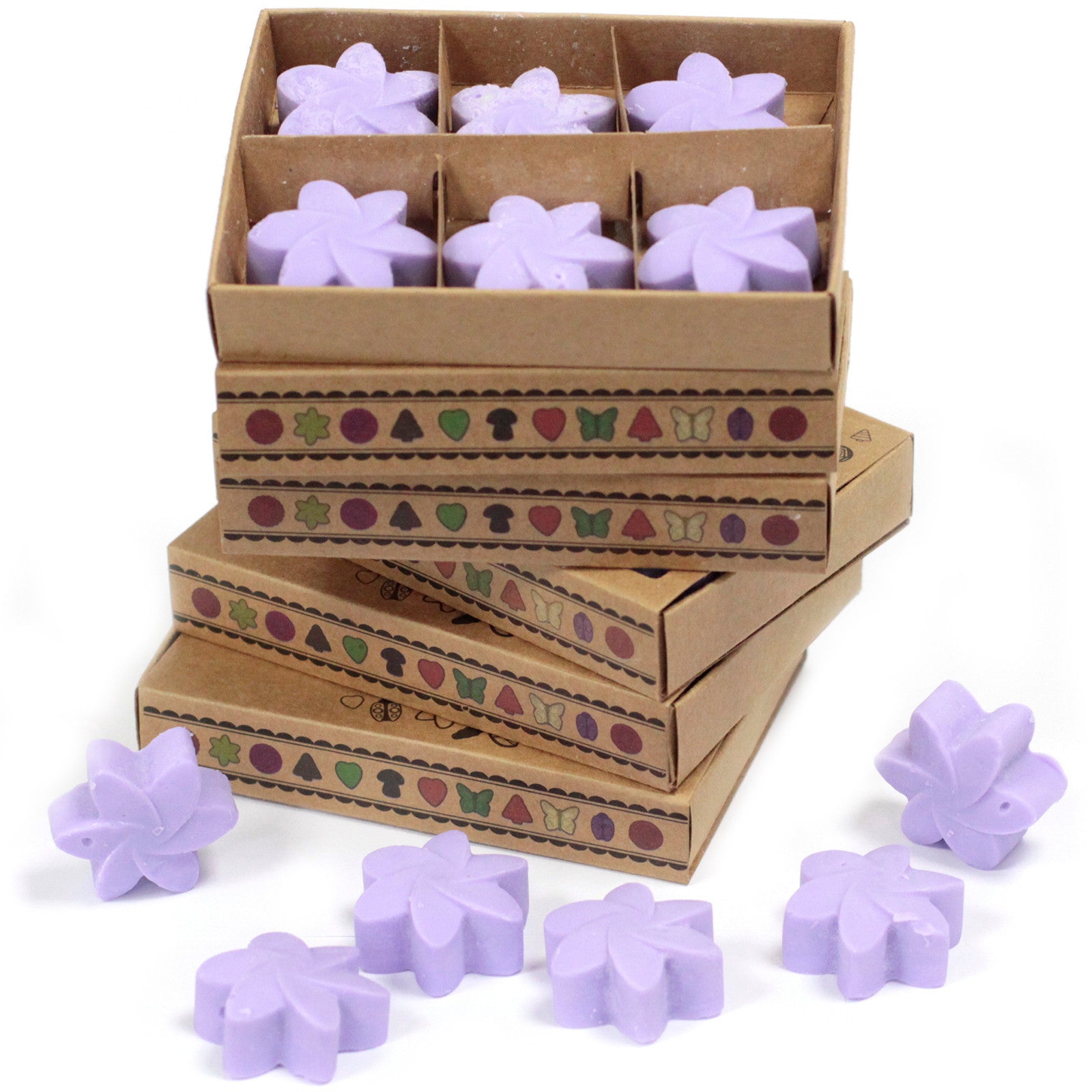 Ceras de soja en caja regalo con aroma a lavanda; 6 piezas de 4x4 cm y 15 g - ideal para un ambiente relajante