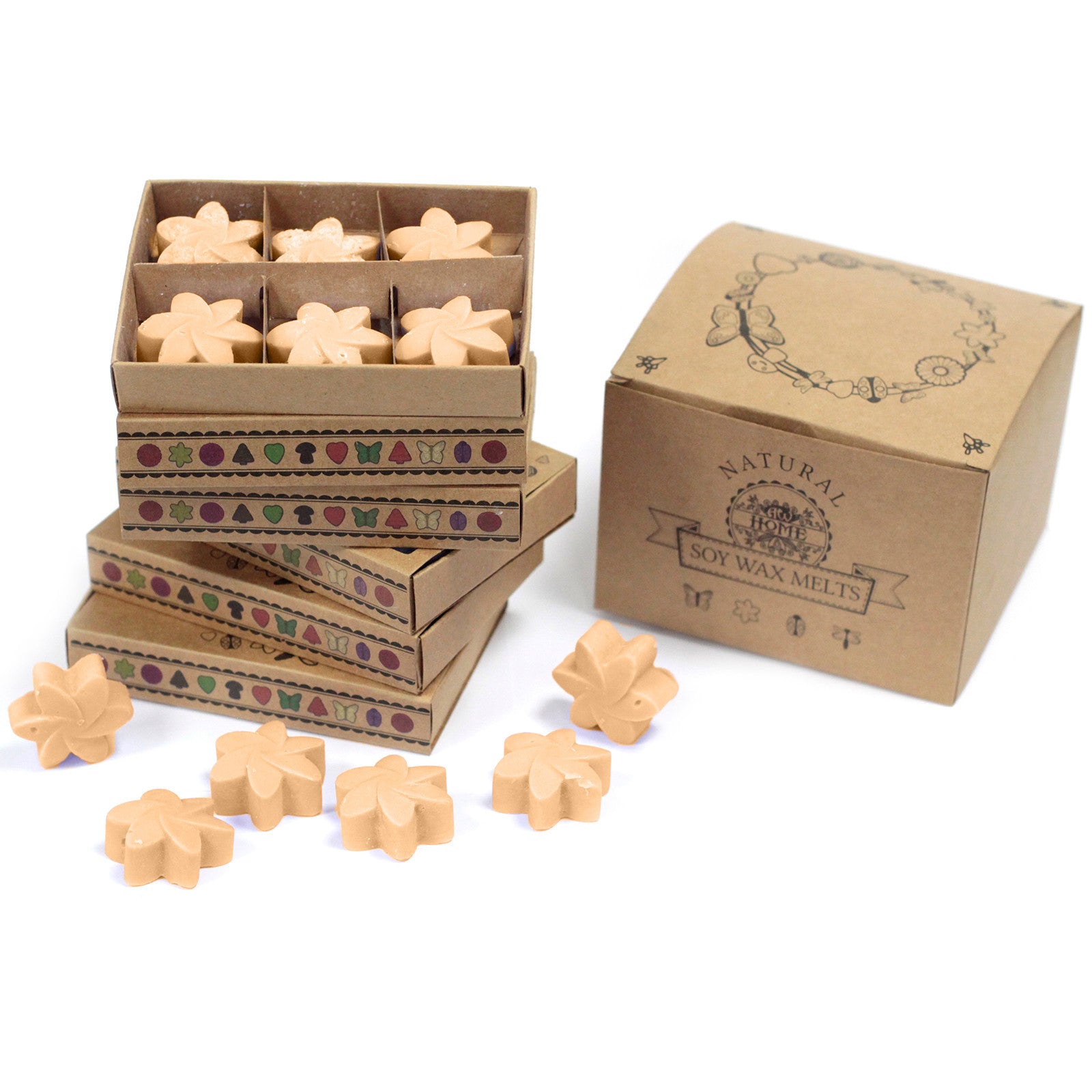 Cera de soja: Caja regalo con 6 piezas fundidas, diámetro 4 cm y 4 cm de alto, 15 g, fragancia jazmín - ambiente relajante