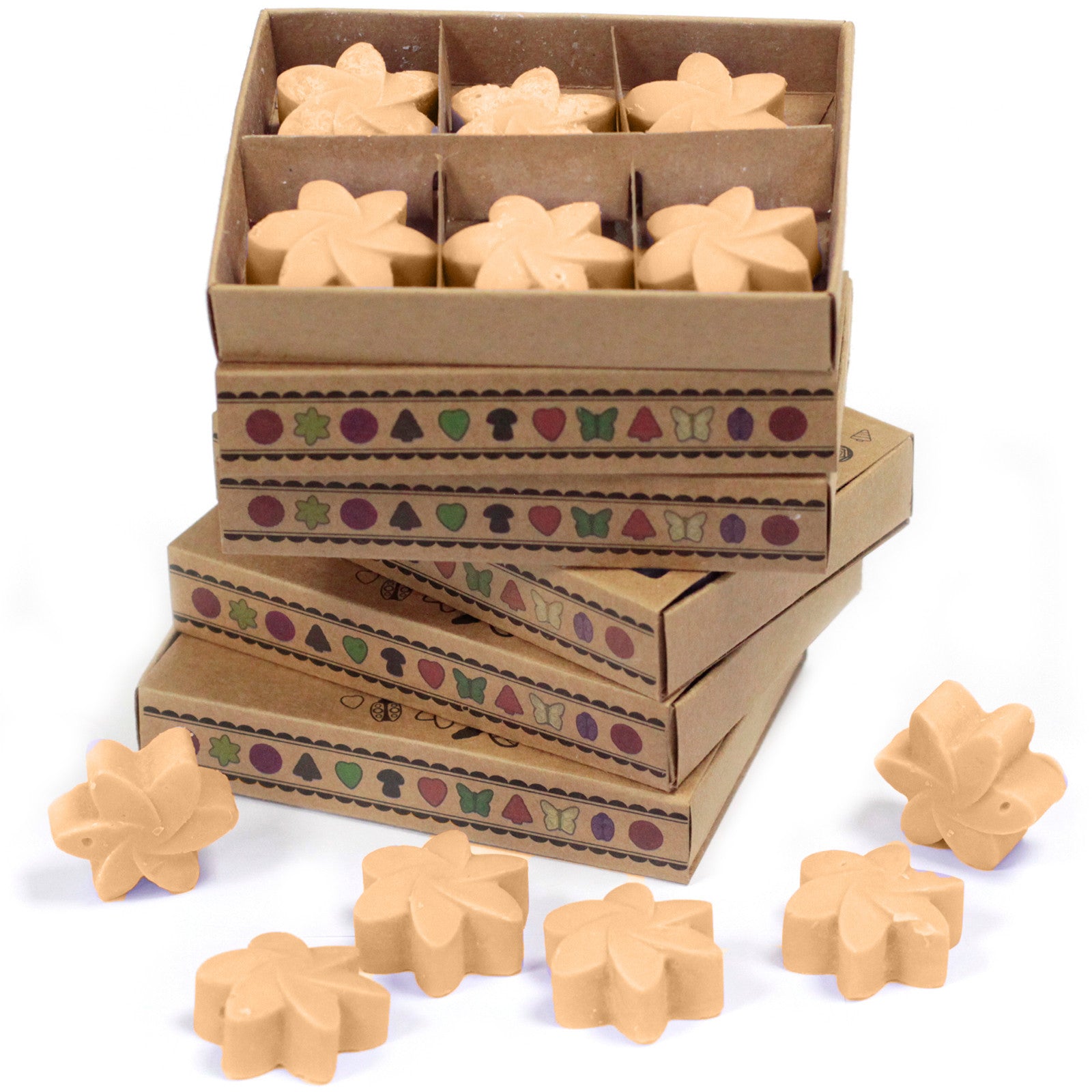 Cera de soja: Caja regalo con 6 piezas fundidas, diámetro 4 cm y 4 cm de alto, 15 g, fragancia jazmín - ambiente relajante