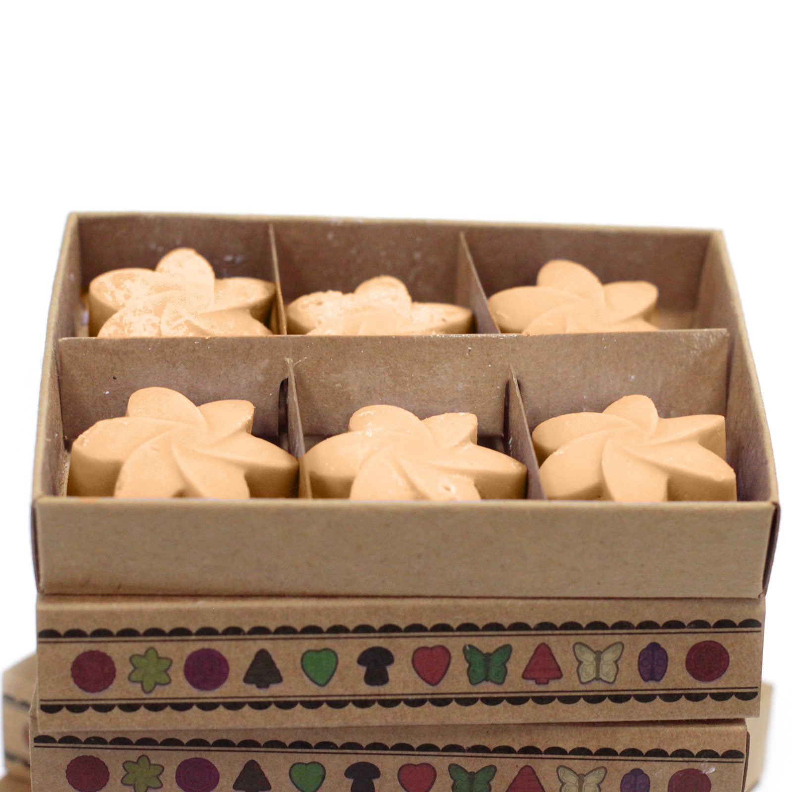 Cera de soja: Caja regalo con 6 piezas fundidas, diámetro 4 cm y 4 cm de alto, 15 g, fragancia jazmín - ambiente relajante